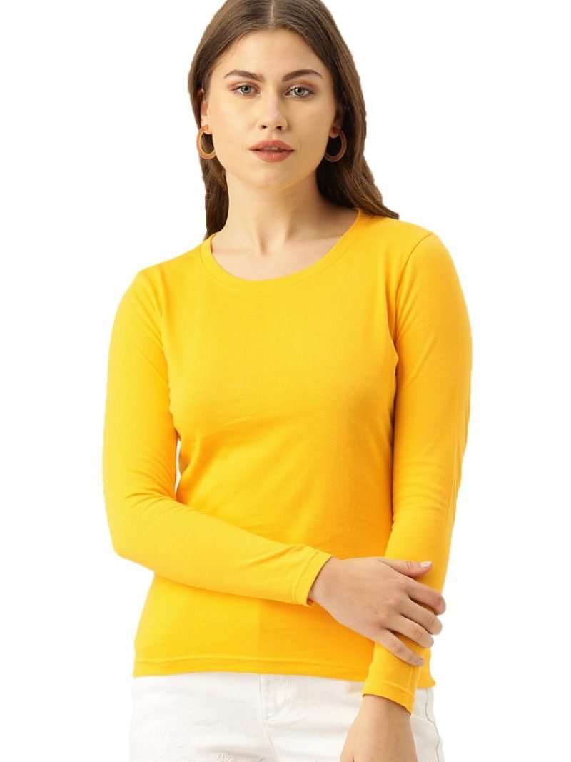 Women's Yellow Full Sleeve Round Neck Plain T-Shirt