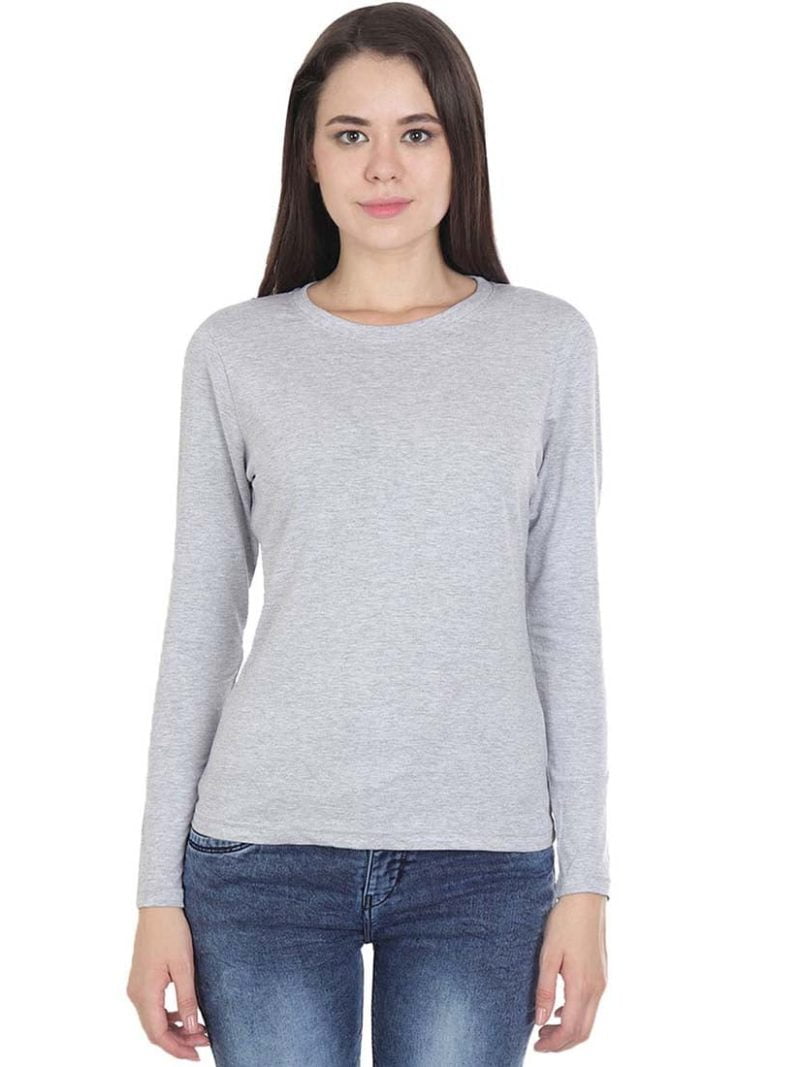 Women's Grey Melange Full Sleeve Round Neck Plain T-Shirt
